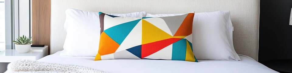 Obraz premium Colorful geometric-patterned pillows on bed