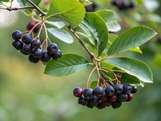 Beautiful Aronia Berries on a Branch Surrounded by Lush Green Leaves, Capturing the Essence of Nature's Bounty in a Conceptual Photography Style