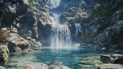 Naklejka premium A cascading waterfall flows into a serene pool of clear blue water, surrounded by rugged, rocky cliffs.