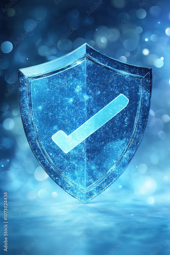 Poster blue glowing shield with checkmark on bokeh background