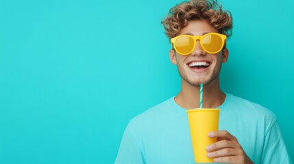 Man in a yellow shirt is holding a yellow cup with a straw in it. He is smiling and he is enjoying his drink