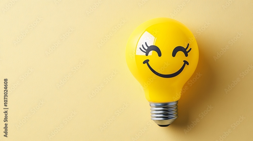 Poster yellow light bulb with a smiling face on it. the bulb is placed on a yellow background