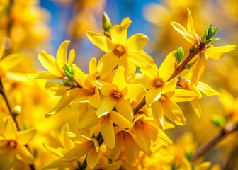 Beautiful Forsythia Watercolor Macro Photography, Capturing the Delicate Details of Golden Yellow Blossoms and Their Natural Beauty in a Vibrant Spring Setting