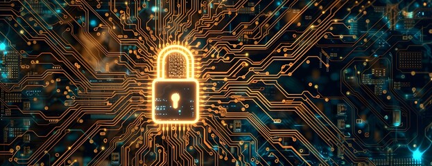 Cyber security Concept of data security lock over a digital background, circuit boards, cyber defense technology .