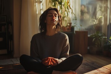 Obraz premium Healthy young woman meditating at home, embracing serenity and mental well being in living room