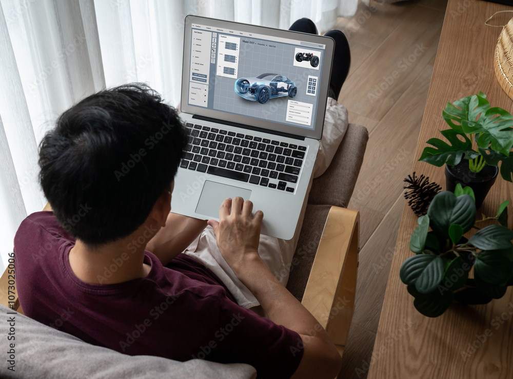 Poster electric car design software on computer screen showing simulation blueprint snugly by digital calcu