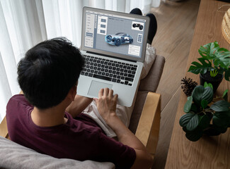 Obraz premium Electric car design software on computer screen showing simulation blueprint snugly by digital calculating application for manufacturing preparation