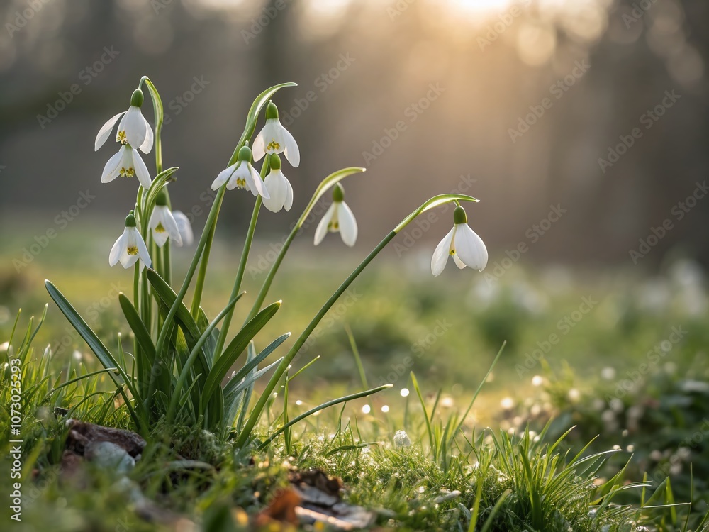 Poster beautiful spring snowdrops blooming in grass with bokeh effect creating a dreamy atmosphere of natur