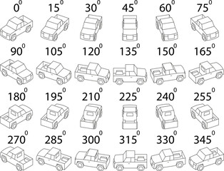 A set of 24 pickups from different angles. Rotation of the pickup truck in outline by 15 degrees for animation.   © moneymover
