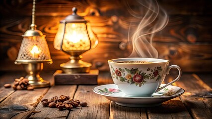 A steaming cup of coffee on a rustic wooden surface, illuminated by two antique lamps, with scattered coffee beans in the foreground.