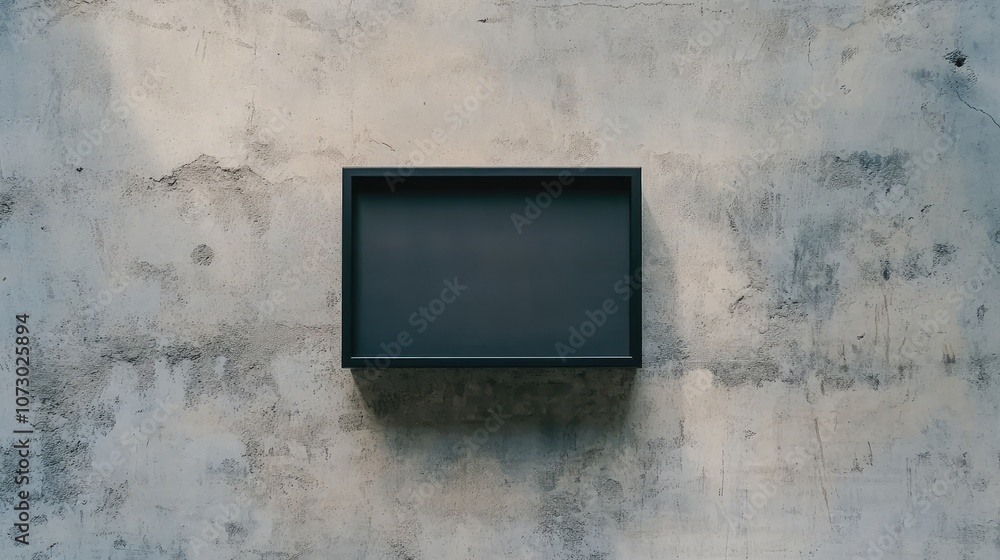 Poster minimalist black rectangular frame mounted on a textured concrete wall displaying an empty canvas fo
