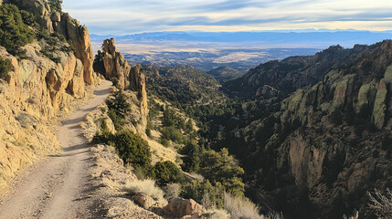 Naklejka premium A winding dirt path leads through a canyon with steep cliffs and a distant view of a valley.