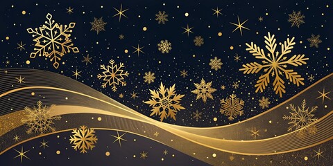 A luxurious and elegant background with golden snowflakes and stars on a dark blue background. The image evokes a sense of winter wonder and festive cheer.