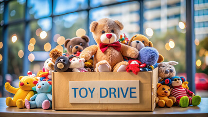 Toy Drive Donation Box with Assorted Plush Toys


