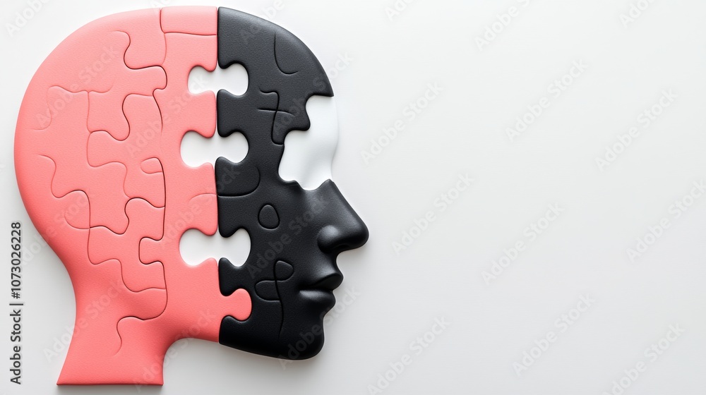 Poster puzzle of a face with a black and red piece missing. the image conveys the idea that life is a puzzl