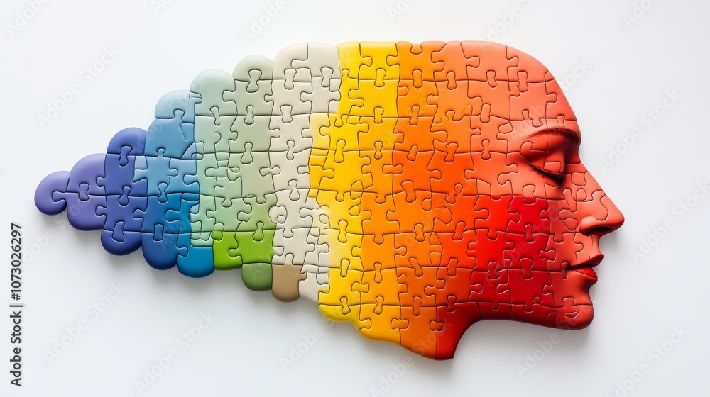 Poster puzzle of a face with a rainbow background. the puzzle is colorful and has a creative and artistic f