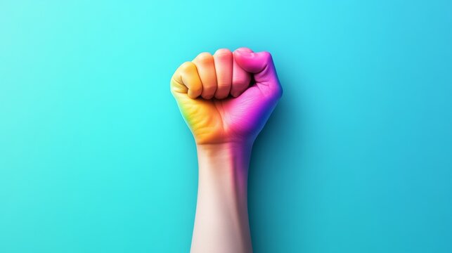 Hand with rainbow colors is raised in a fist. Concept of strength and unity, as the rainbow colors represent diversity and inclusivity. The fist symbolizes a powerful and determined stance