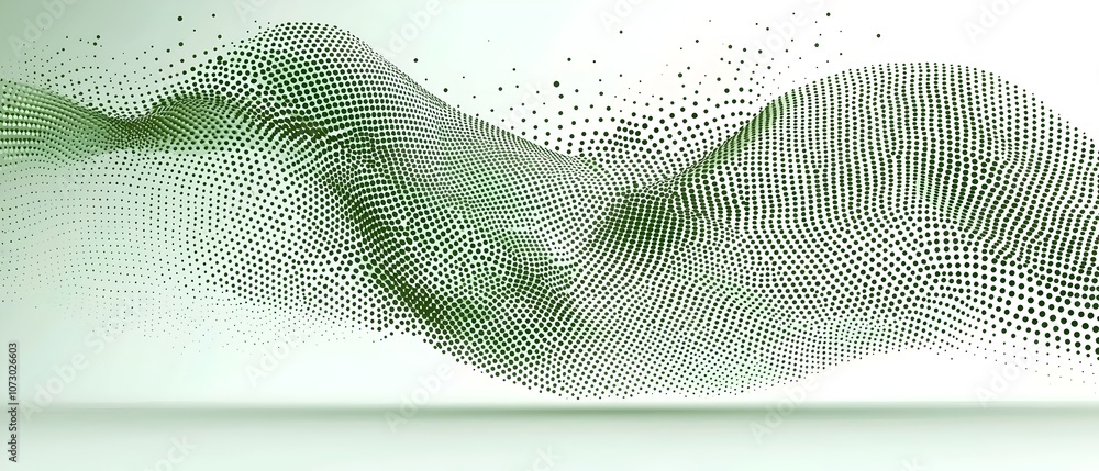 Poster an abstract wave of dotted patterns in varying shades of green, creating a sense of movement and dep