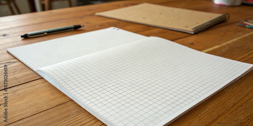 Poster blank white graph paper sheet on a desk with tilt-shift photography effect, perfect for creative pro