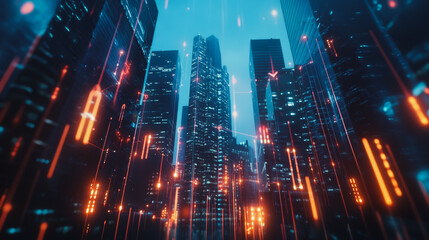 Smart digital Innovation city Business skyscrapers in the Financial District with connection network reciprocity over the cityscape. of future smart wireless digital city and social media networking
