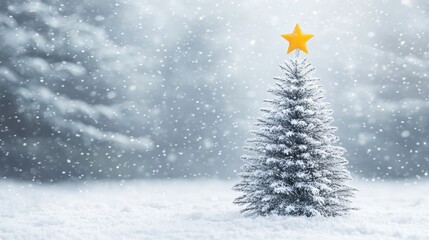 Obraz premium Snowy Winter Landscape Featuring a Decorated Christmas Tree with a Bright Yellow Star Against a Soft Blurred Background of Evergreen Trees and Falling Snowflakes