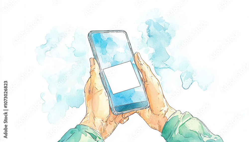 Aufkleber a pair of hands holds a smartphone displaying a blank screen, surrounded by soft, blue watercolor sp