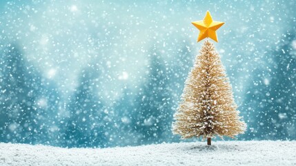 Winter Wonderland Scene Featuring a Snow-Covered Christmas Tree with a Bright Yellow Star on Top, Surrounded by Falling Snowflakes and Beautiful Winter Background