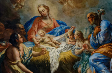 Painting (19th century) of Christmas Nativity Scene with Virgin Mary, Saint Joseph, and Jesus baby. ...