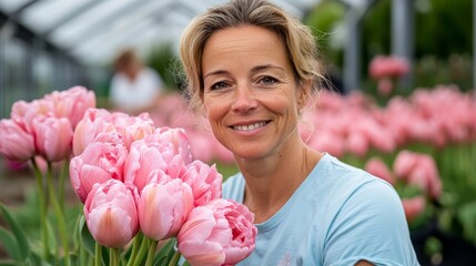 Fototapeta premium Woman is smiling while holding a bunch of pink flowers. The flowers are arranged in a vase and are placed on a table. The woman is happy and content with the flowers