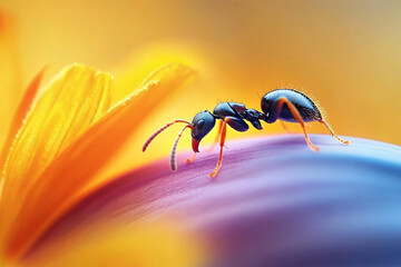 Fototapeta premium tiny black ant crawling on a yellow and purple flower petal macro photography