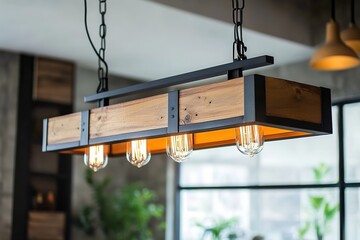 Wooden chandelier with Edison bulbs in modern cafe