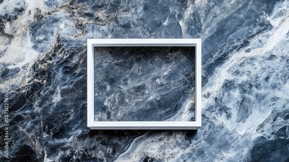 Poster minimalist white frame on dark marble background highlighting textures and patterns for elegant disp