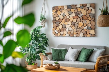 Cozy interior with green plants and wooden table.