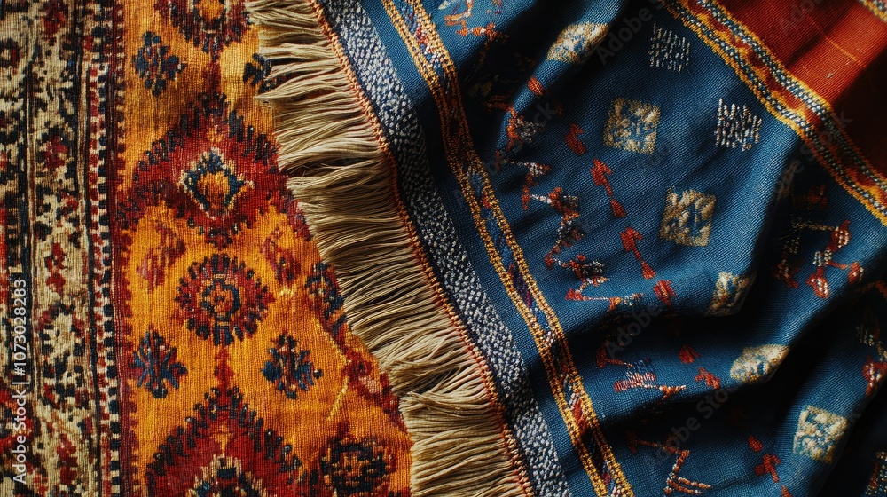 Poster colorful textiles with intricate patterns and fringes