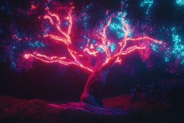 Neon lights illuminate tree branches, merging nature and modern technology in stunning photography