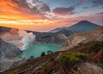 Breathtaking Panorama Landscape View of Kawah Ijen at Sunrise, Capturing the Ethereal Beauty of Indonesia&rsquo;s Most Famous Tourist Attraction with Vibrant Colors and Volcanic Features