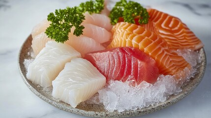 Assortment of fresh fish and shellfish on ice, arranged beautifully with parsley garnish to enhance the colors and freshness.