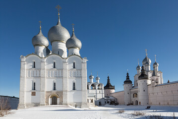 Winter view of the Rostov the Great Kremlin with the Assumption Cathedral, belfry, fortress walls,...