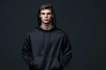 A young man in a hooded tracksuit, dark gray background