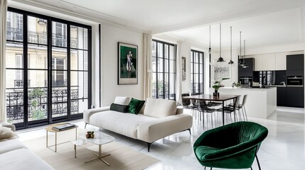 Stylish parisian apartment with open living space, modern decor, and balcony overlooking the street