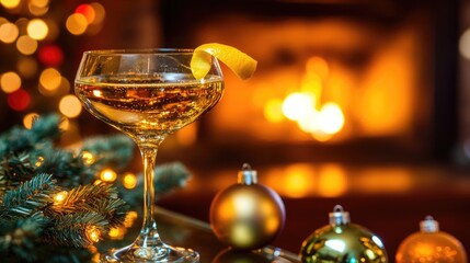 Sparkling Cocktail with Lemon Twist by Cozy Fireplace and Christmas Ornaments in Festive Atmosphere, Ideal for Holiday Celebrations and Gatherings