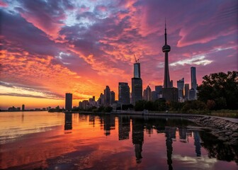 Obraz premium Breathtaking Sunset View of City Skyline Capturing the Emotional and Powerful Energy of First Light at Dusk with Vibrant Colors and Stunning Reflections in the Water