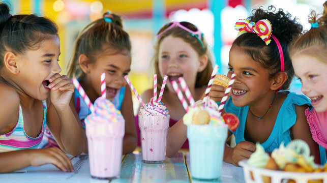 A group of joyful children gathers around a table filled with colorful ice cream drinks, sharing laughter and stories. National drinking straw day banner January 3