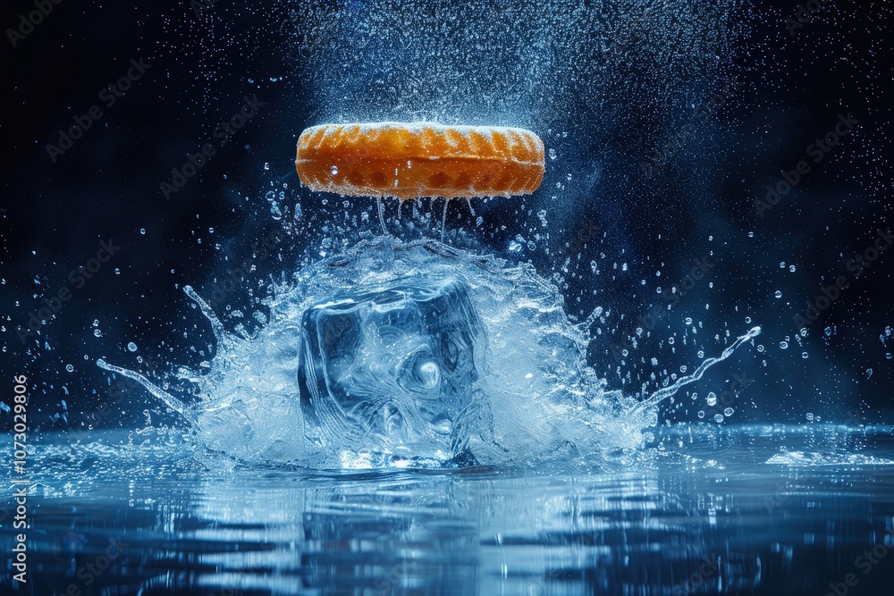 Poster a donut is floating on top of a large ice cube
