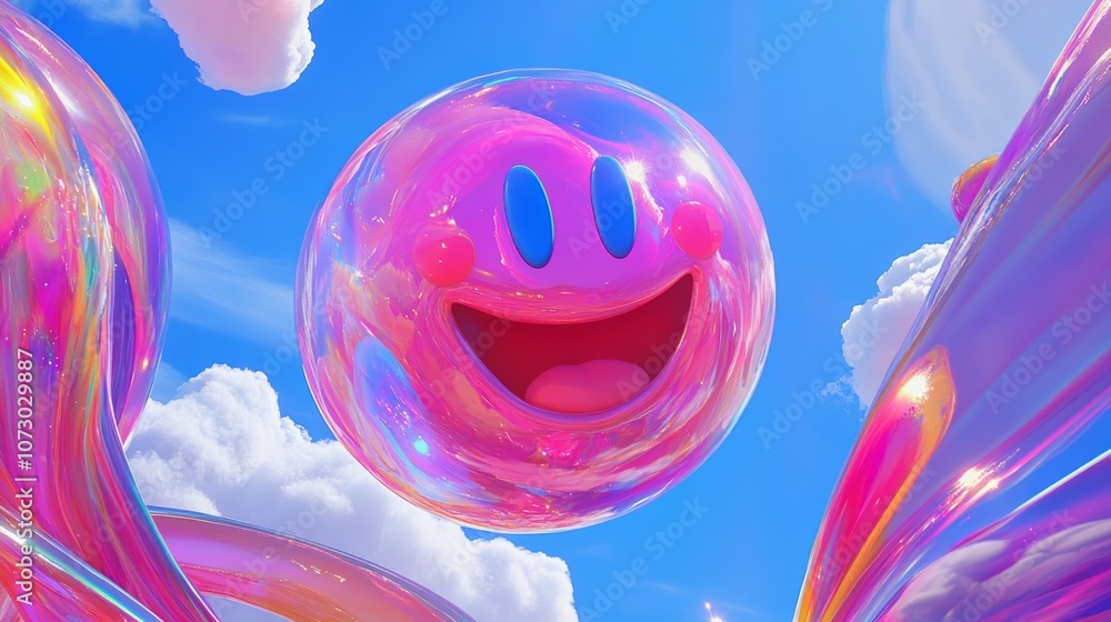 Poster colorful, smiling face made of bubbles is floating in the sky. the bubbles are of different colors a
