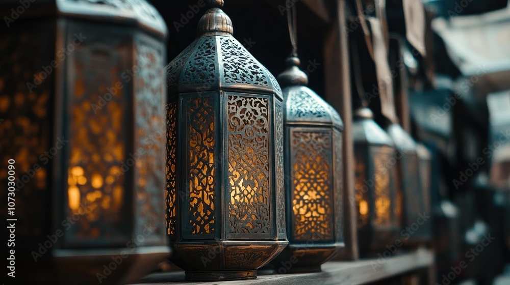 Poster Intricate Lanterns with Soft Glow in Market Setting