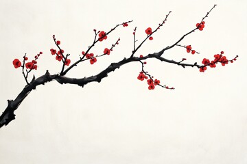 Minimalist Design of a Single Branch with Red Blooms