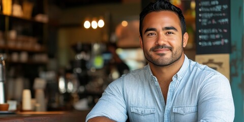 Obraz premium Confident Young Man Smiling at a Coffee Shop with a Relaxed Atmosphere