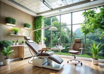 Fototapeta premium Bright and Modern Dental Clinic Interior with Comfortable Chair, Advanced Equipment, Green Plants, and Natural Light for a Welcoming and Therapeutic Environment