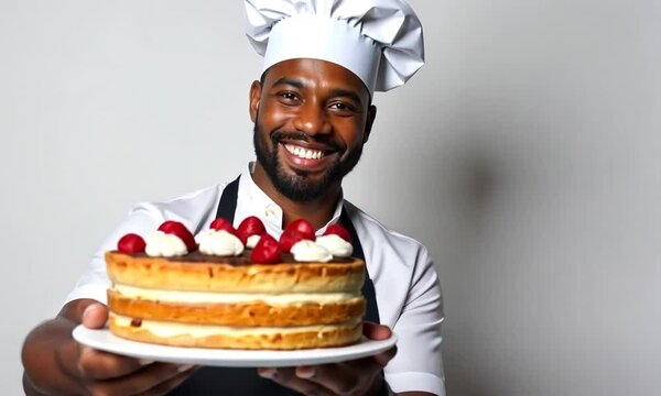 African American male pastry chef in white cap and apron holding out freshly baked cake on grey background